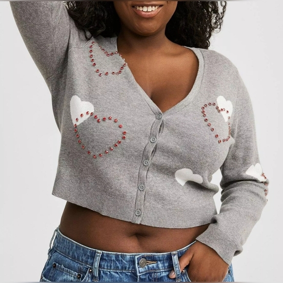 Torrid Long Sleeve Hearts Shrug Gray with Red Rhinestone Hearts 1X - Picture 1 of 12
